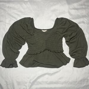 Altard State Top Size S Tiered Ruffles Long Sleeve Smocked Green Vneck Boho Puff